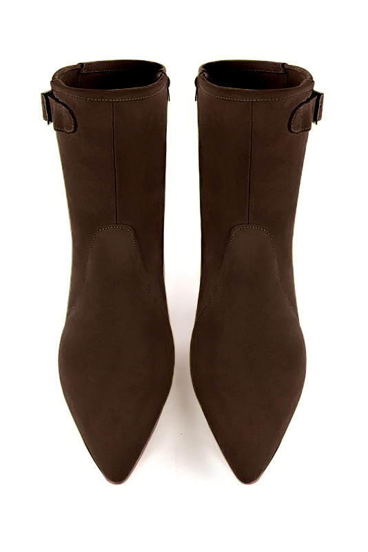 Dark brown women's ankle boots with a zip on the inside. Tapered toe. Medium cone heels. Top view - Florence KOOIJMAN